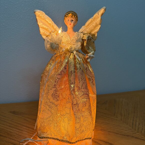 Light Up Vintage Porcelain Face Angel Christmas Tree Topper Gold Brocade Gown - Picture 1 of 16